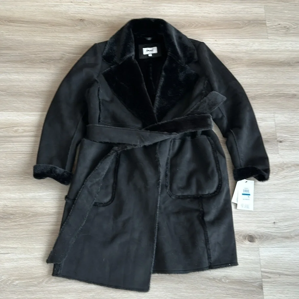 DKNY Women's Petite Belted Notched-Collar Faux-Shearling Coat